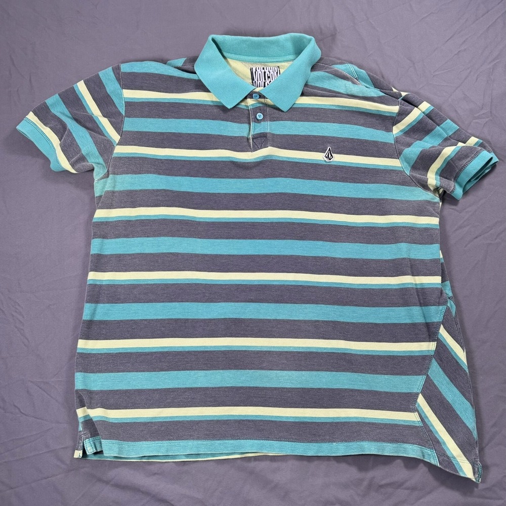 Volcom Polo Shirt Mens XL Green Black Yellow Stripe Short Sleeve Logo